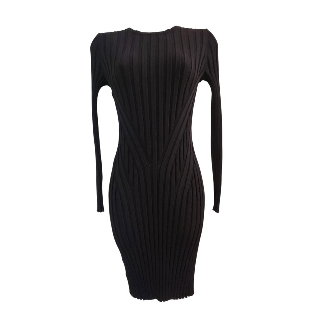 Ann Taylor Black Ribbed Knit Bodycon Knee Length Dress Long Sleeve Size S
